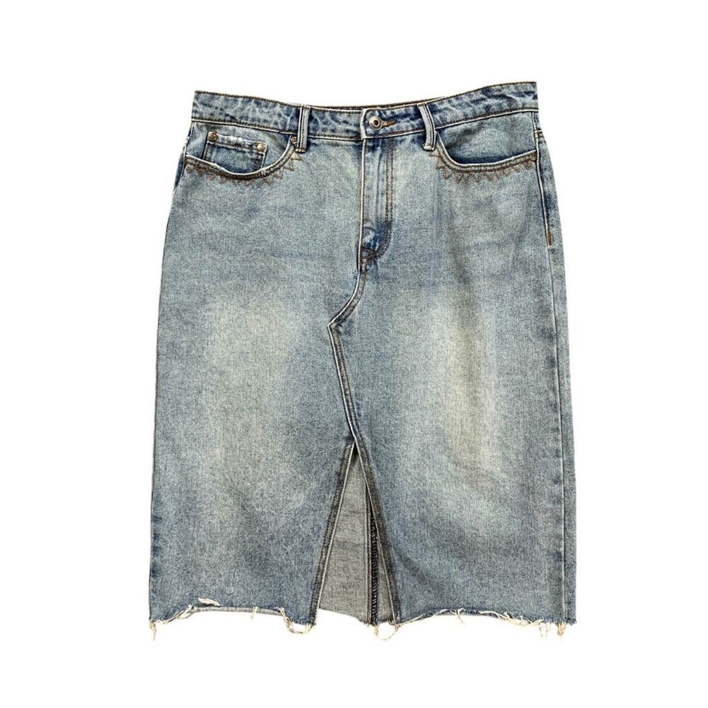 Stetson Skirt Womens 12 Denim Blue Jean High Rise‎ Front Slit Raw Hem ZIp Fly